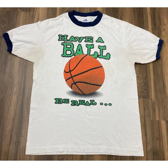 VTG 90s TeeJays USA "Have A Ball Be Real" basketball graphic ringer t-shirt L - Picture 1 of 5